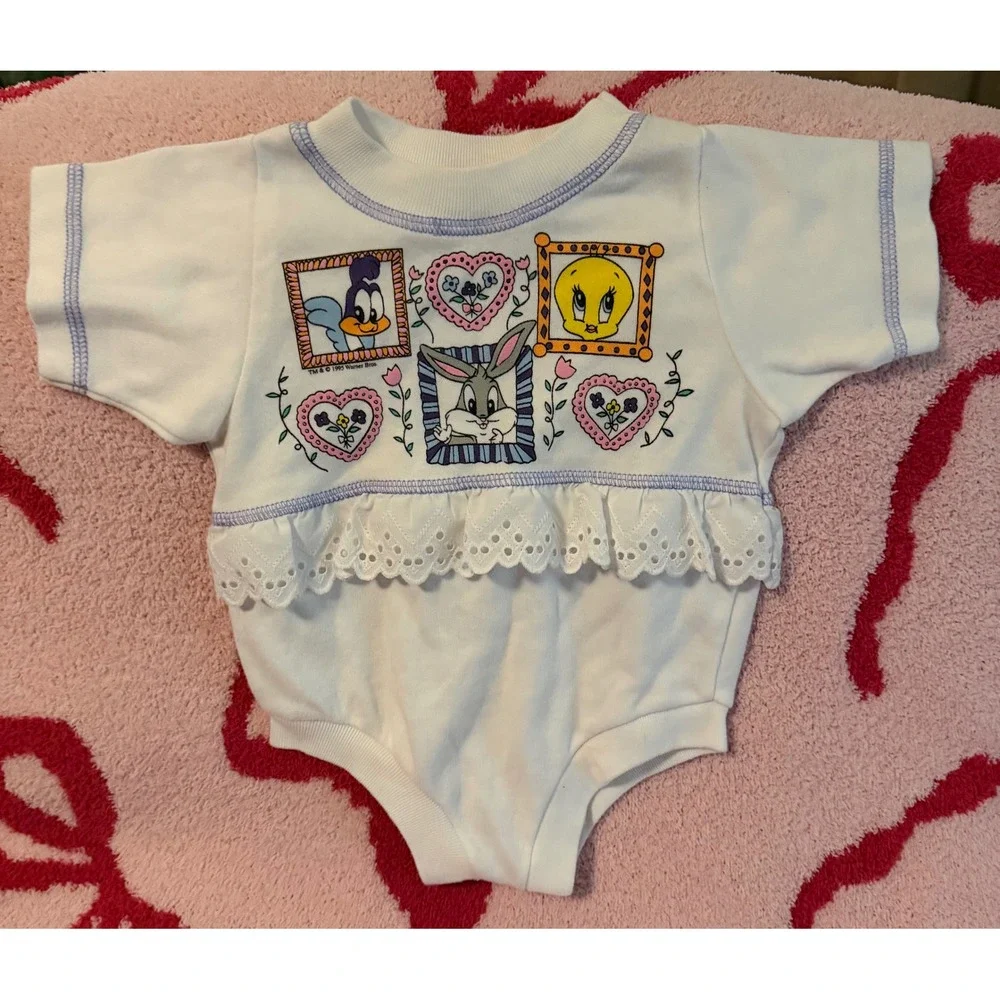 VTG  1994 Gerber Looney Tunes Lovables Bugs Roadrunner Tweety  Lace Trim Romper